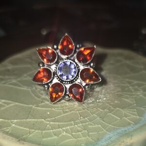 925 Sterling Silver Flower Ring Honey citrine, And Amethys